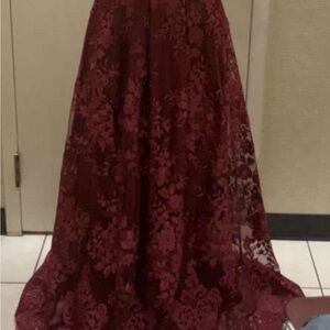 by & by Burgundy Lace Prom Dress